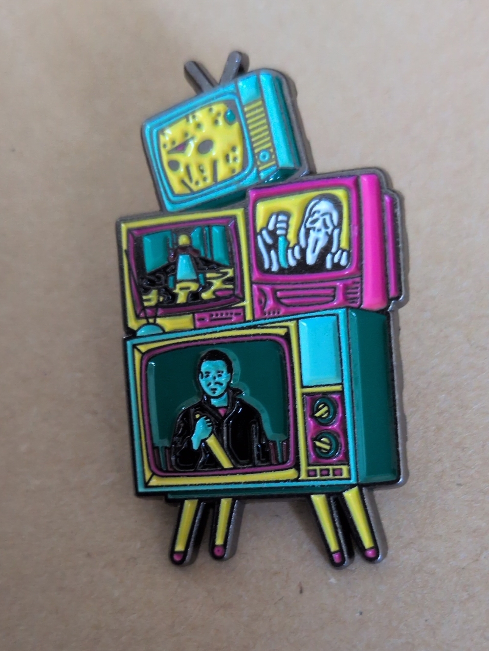 Horror Heroes Retro TV Stack Enamel Pin - Neon Teal, Pink & Yellow